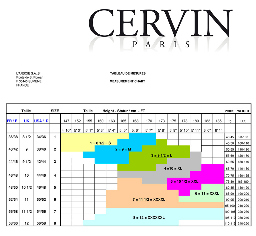 Cervin Size Chart